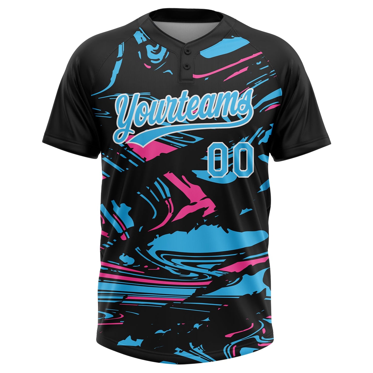 Custom Black Sky Blue Pink-White Raglan Sleeves Abstract Fluid Marble Two-Button Unisex Softball Jersey view 2