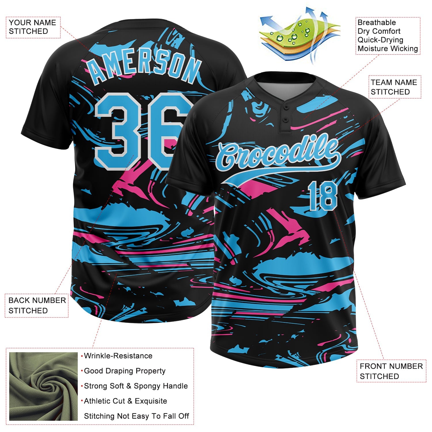 Custom Black Sky Blue Pink-White Raglan Sleeves Abstract Fluid Marble Two-Button Unisex Softball Jersey view 3