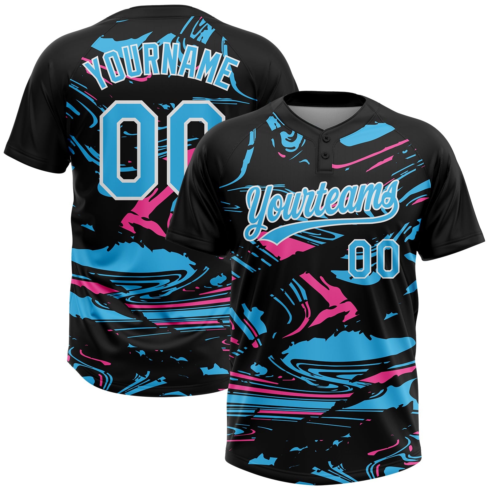 Custom Black Sky Blue Pink-White Raglan Sleeves Abstract Fluid Marble Two-Button Unisex Softball Jersey - Main View