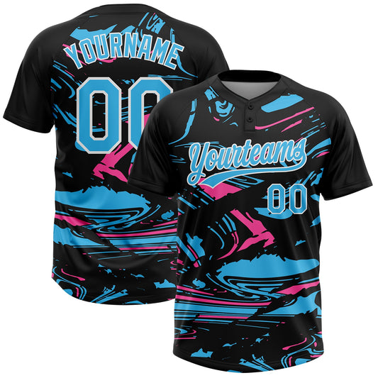 Custom Black Sky Blue Pink-White Raglan Sleeves Abstract Fluid Marble Two-Button Unisex Softball Jersey - Main View