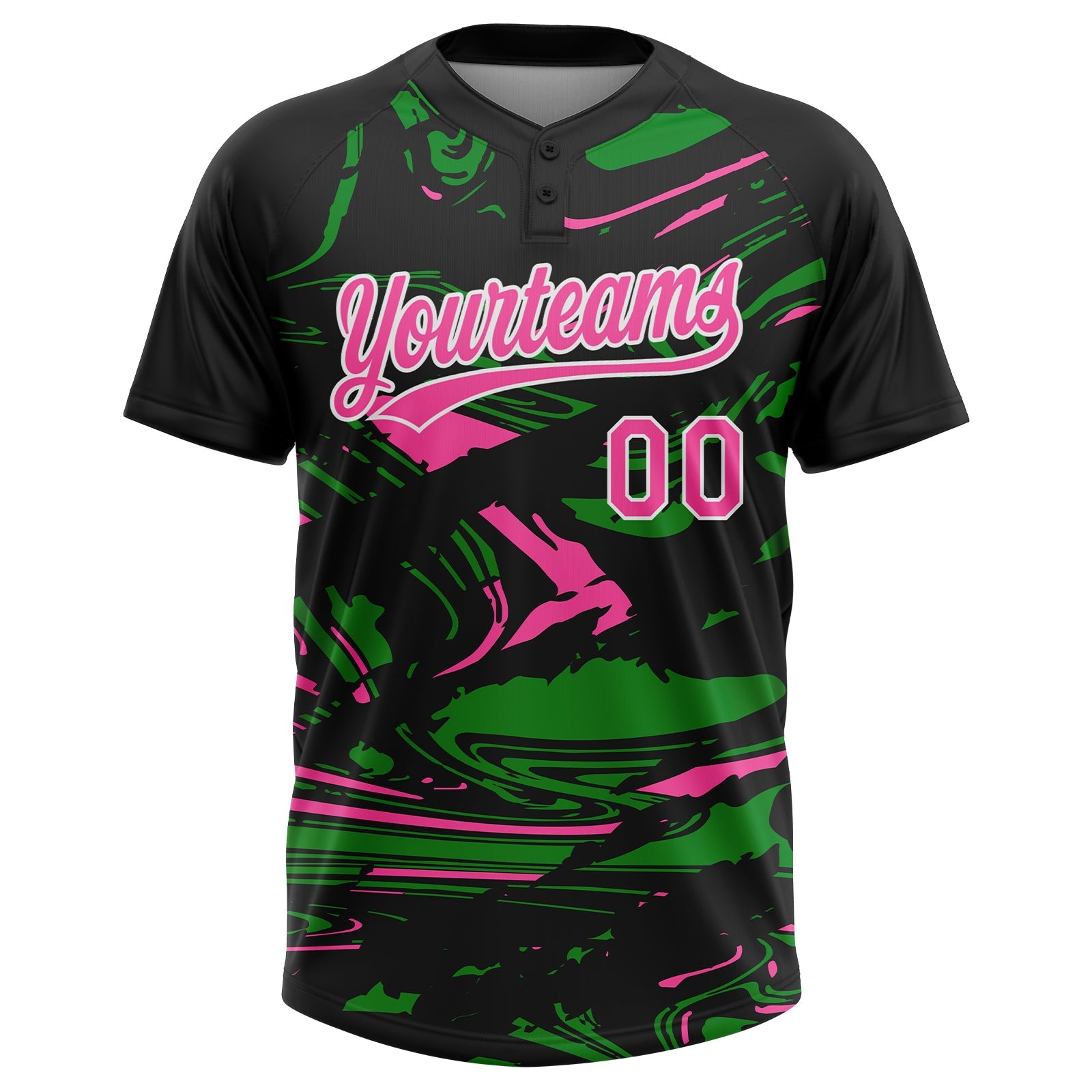 Custom Black Pink Grass Green-White Raglan Sleeves Abstract Fluid Marble Two-Button Unisex Softball Jersey view 2