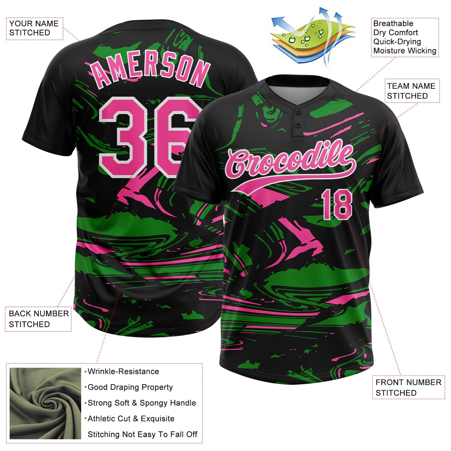 Custom Black Pink Grass Green-White Raglan Sleeves Abstract Fluid Marble Two-Button Unisex Softball Jersey view 3