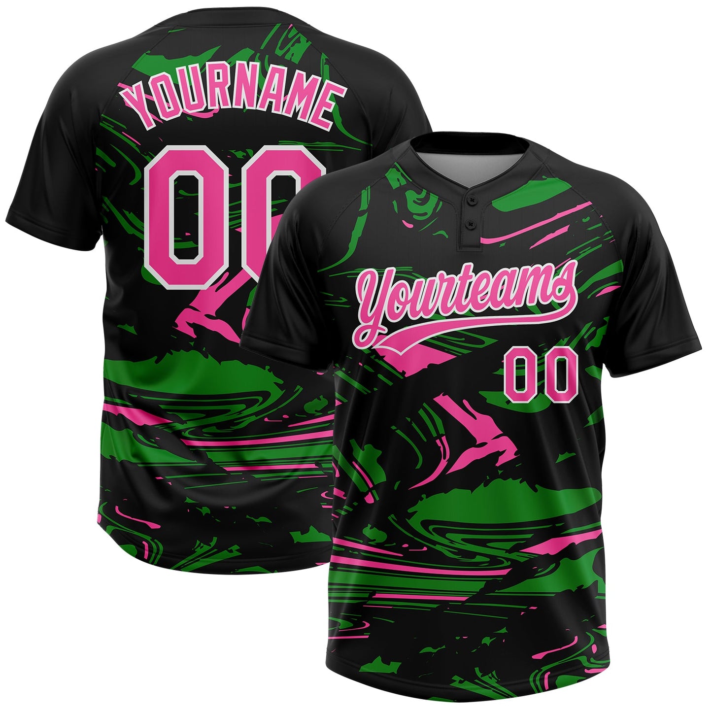 Custom Black Pink Grass Green-White Raglan Sleeves Abstract Fluid Marble Two-Button Unisex Softball Jersey - Main View