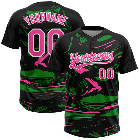 Custom Black Pink Grass Green-White Raglan Sleeves Abstract Fluid Marble Two-Button Unisex Softball Jersey - Main View