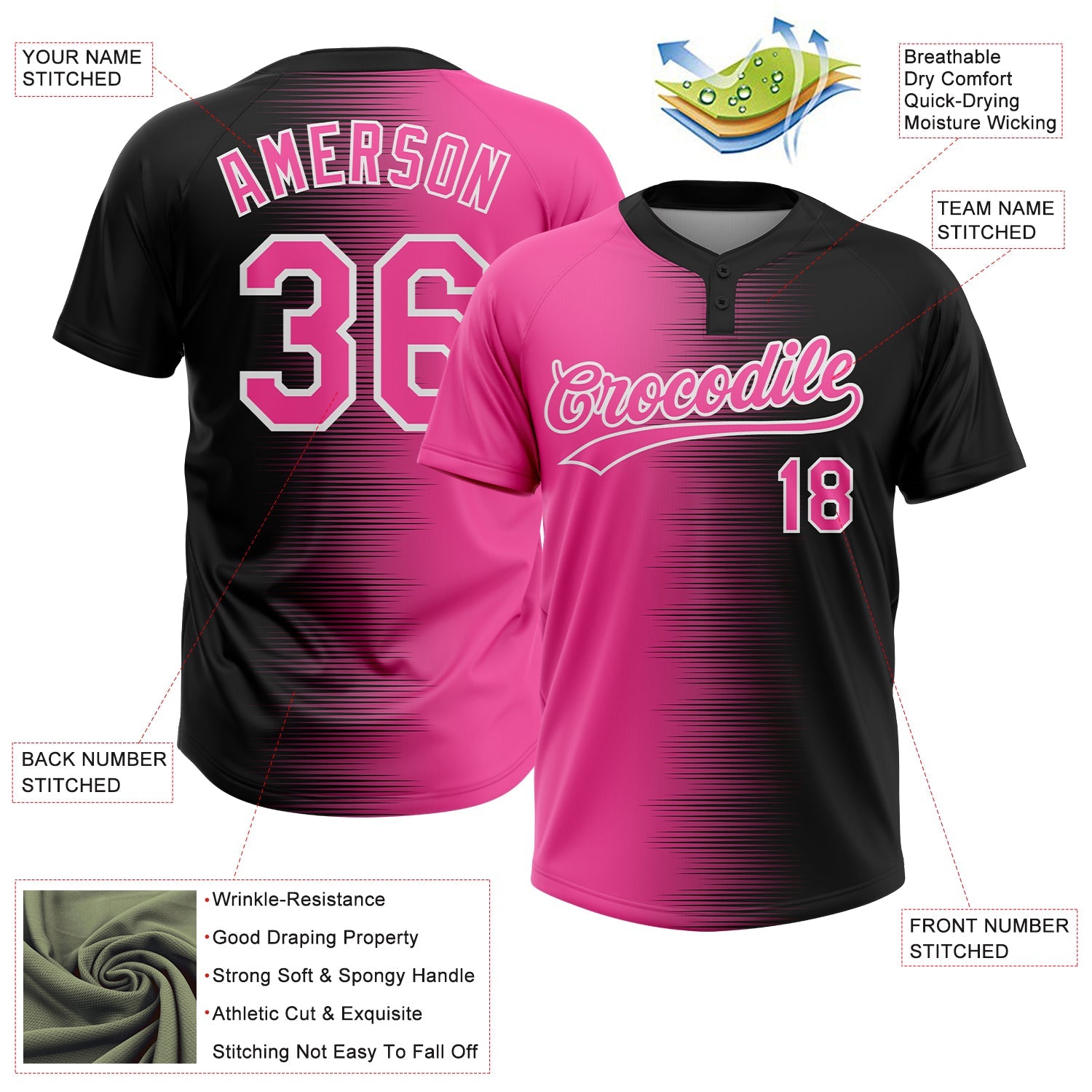 Custom Black Pink-White Gradient Horizontal Stripe Two-Button Unisex Softball Jersey view 3