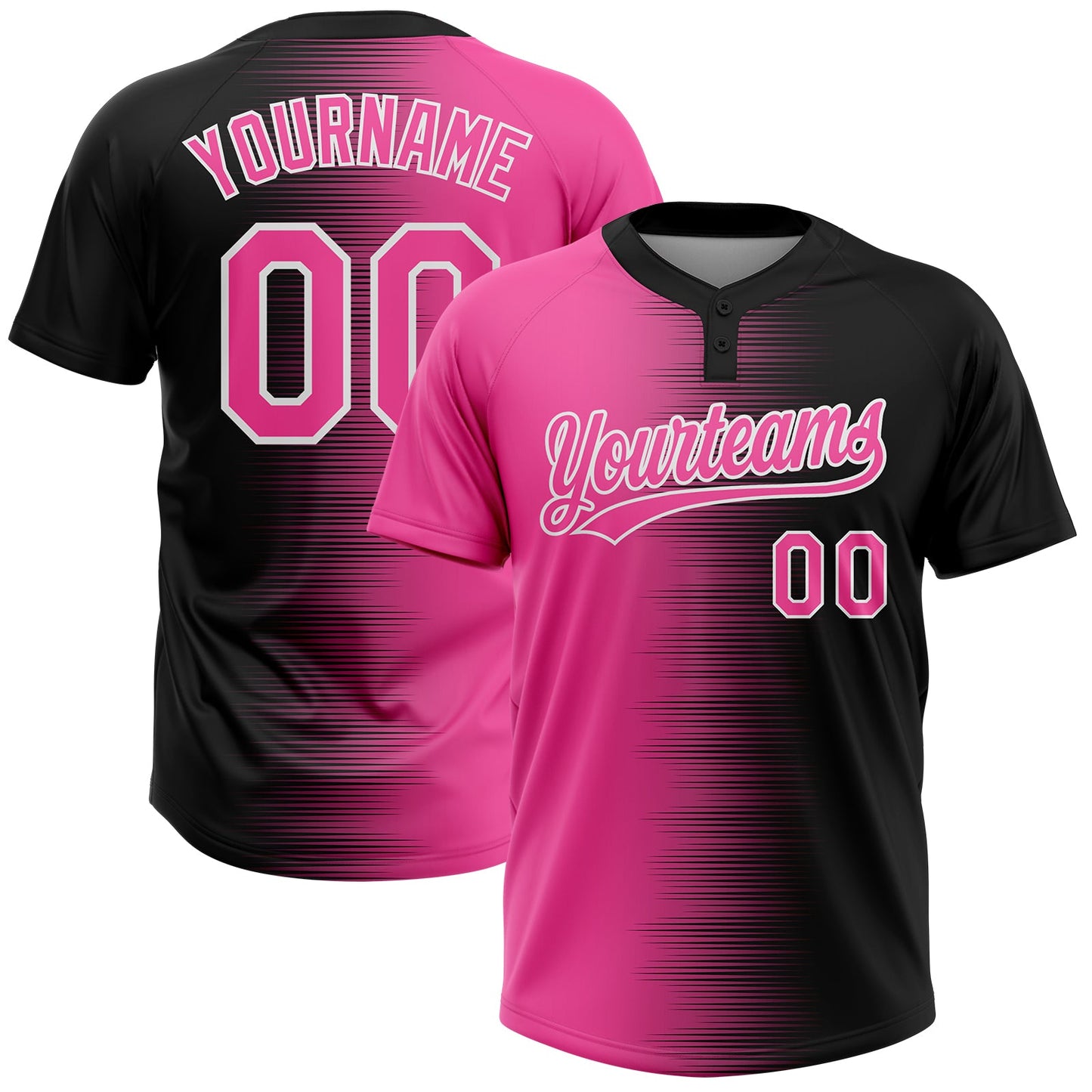 Custom Black Pink-White Gradient Horizontal Stripe Two-Button Unisex Softball Jersey - Main View