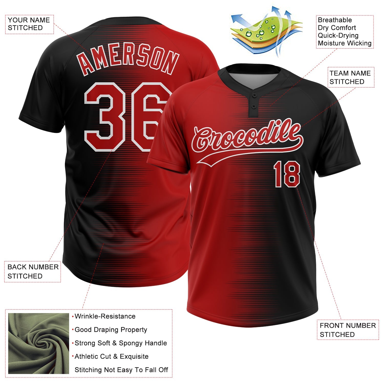 Custom Black Red-White Gradient Horizontal Stripe Two-Button Unisex Softball Jersey view 3
