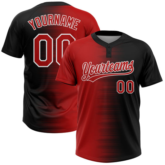 Custom Black Red-White Gradient Horizontal Stripe Two-Button Unisex Softball Jersey - Main View