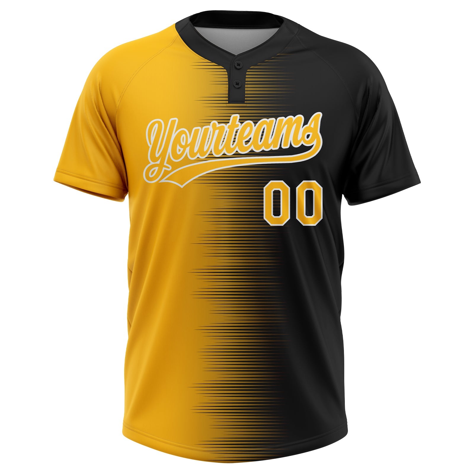 Custom Black Gold-White Gradient Horizontal Stripe Two-Button Unisex Softball Jersey view 2