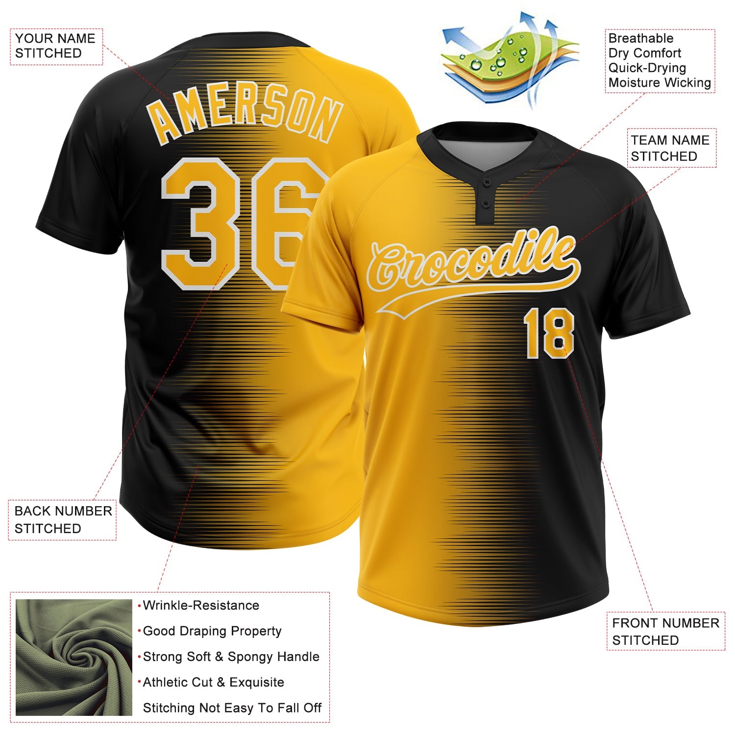 Custom Black Gold-White Gradient Horizontal Stripe Two-Button Unisex Softball Jersey view 3