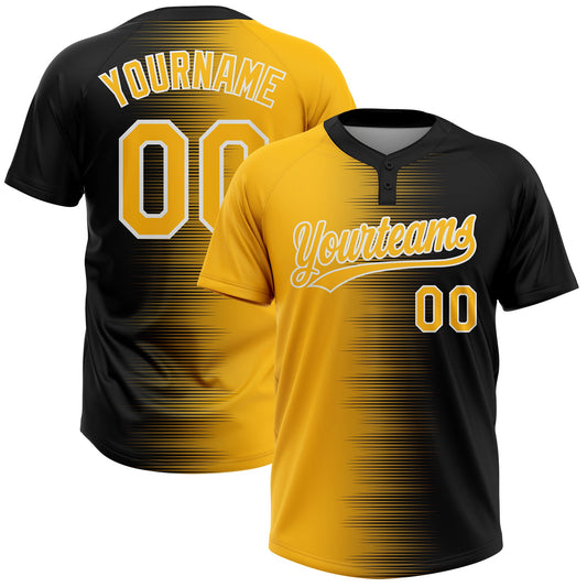 Custom Black Gold-White Gradient Horizontal Stripe Two-Button Unisex Softball Jersey - Main View