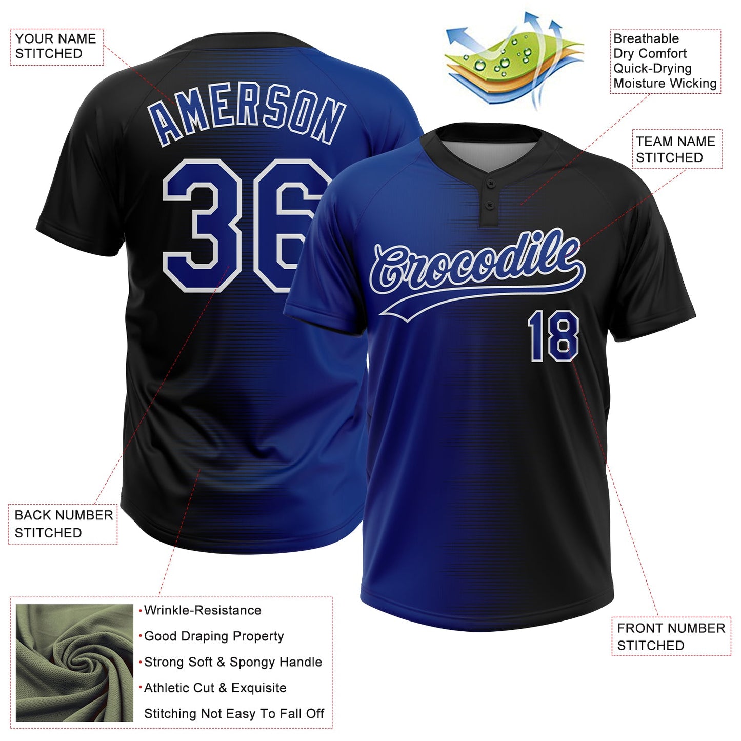 Custom Black Royal-White Gradient Horizontal Stripe Two-Button Unisex Softball Jersey view 3