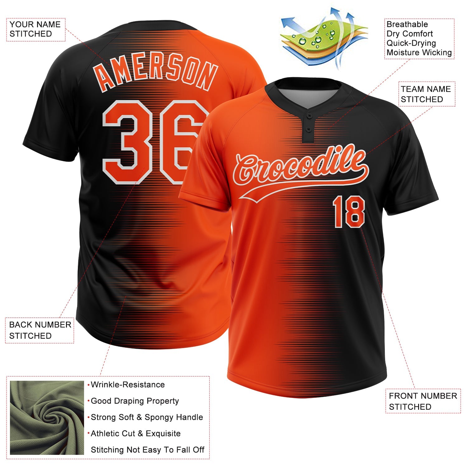 Custom Black Orange-White Gradient Horizontal Stripe Two-Button Unisex Softball Jersey view 3