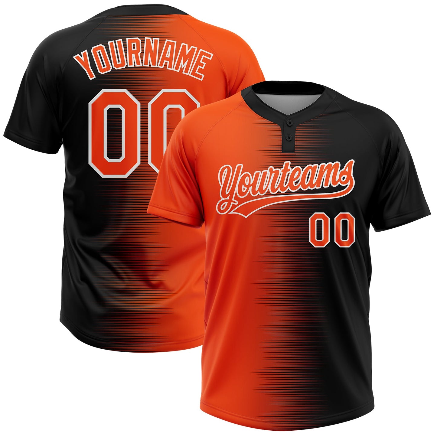 Custom Black Orange-White Gradient Horizontal Stripe Two-Button Unisex Softball Jersey - Main View