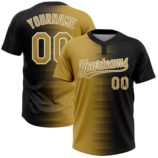 Custom Black Old Gold-White Gradient Horizontal Stripe Two-Button Unisex Softball Jersey - Main View