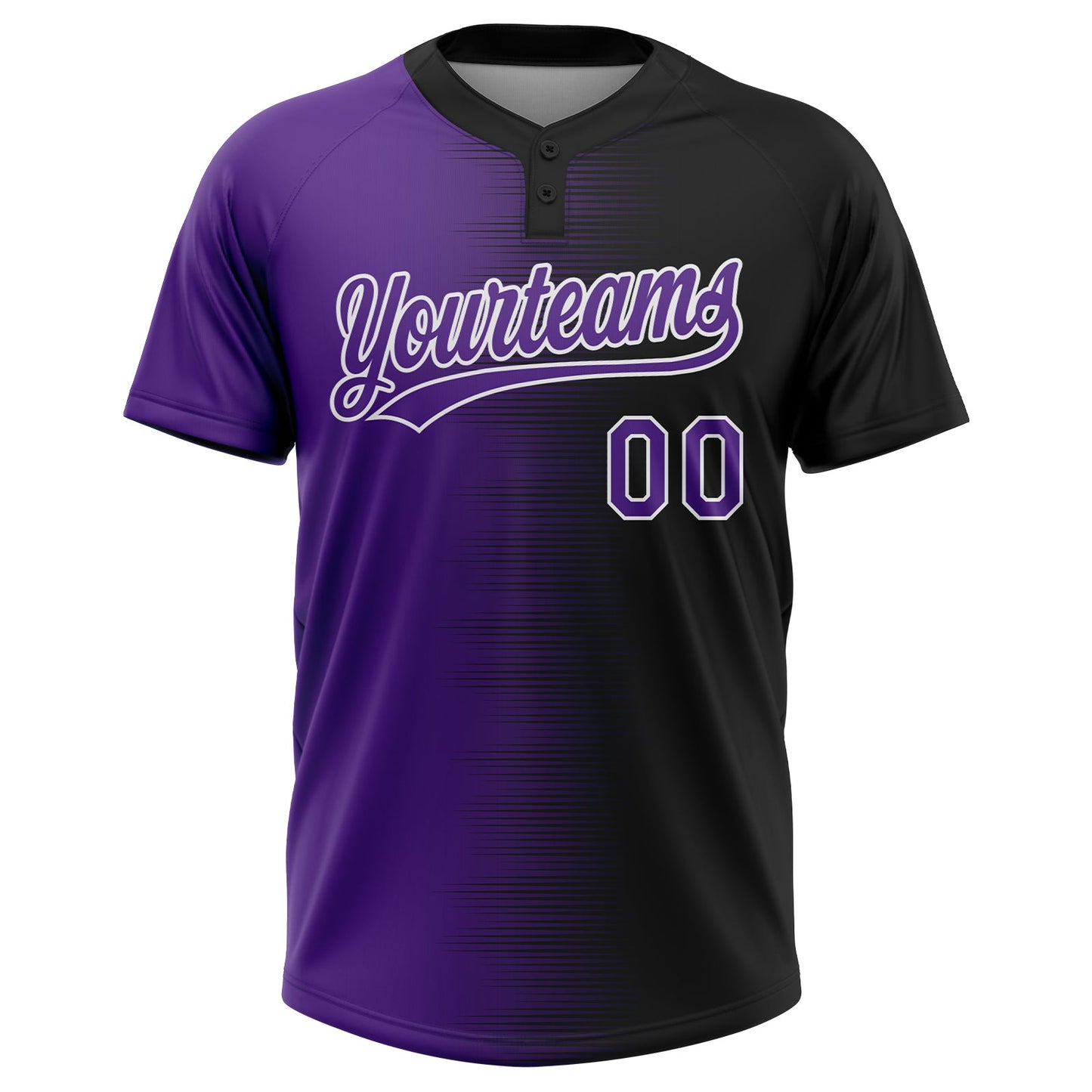 Custom Black Purple-White Gradient Horizontal Stripe Two-Button Unisex Softball Jersey view 2