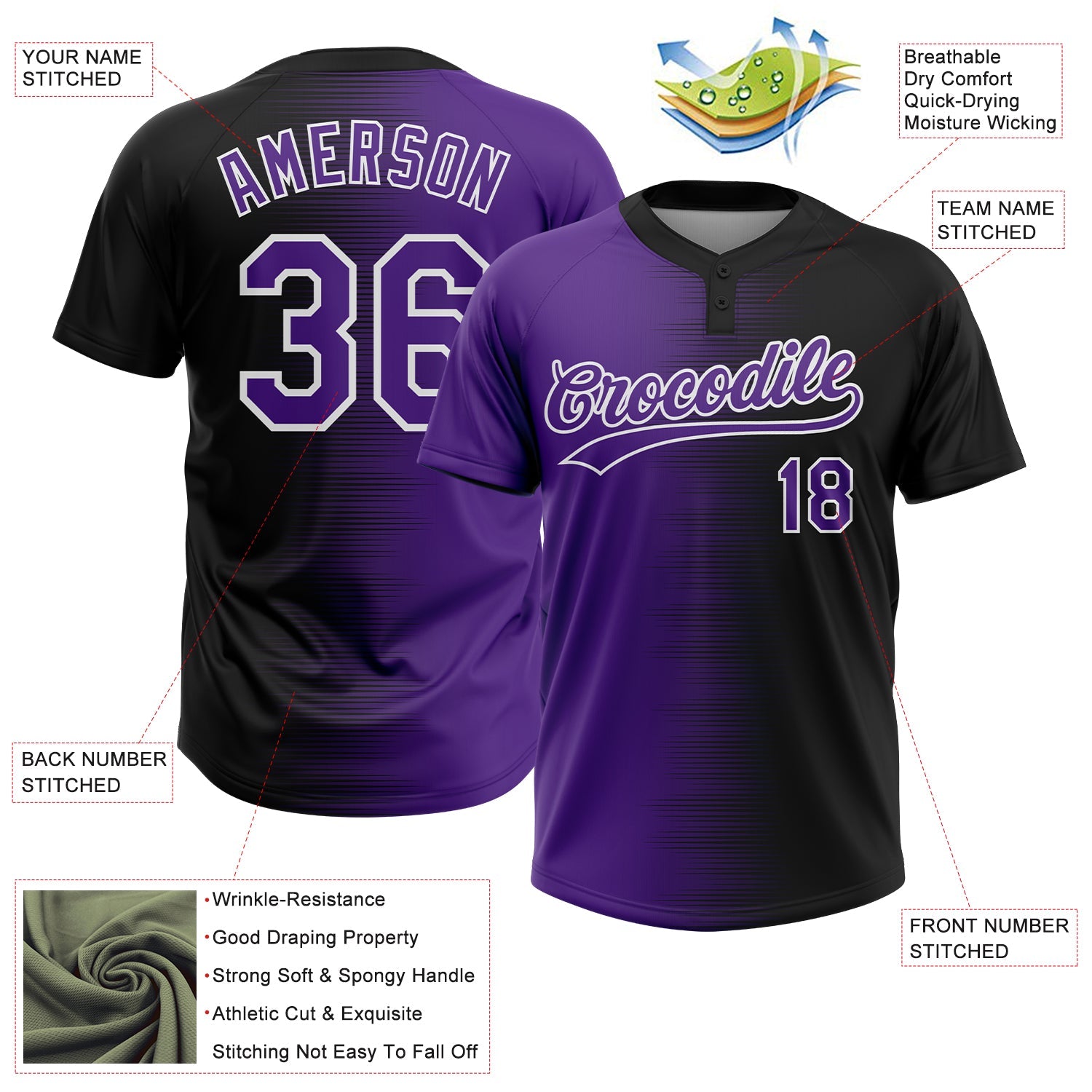 Custom Black Purple-White Gradient Horizontal Stripe Two-Button Unisex Softball Jersey view 3
