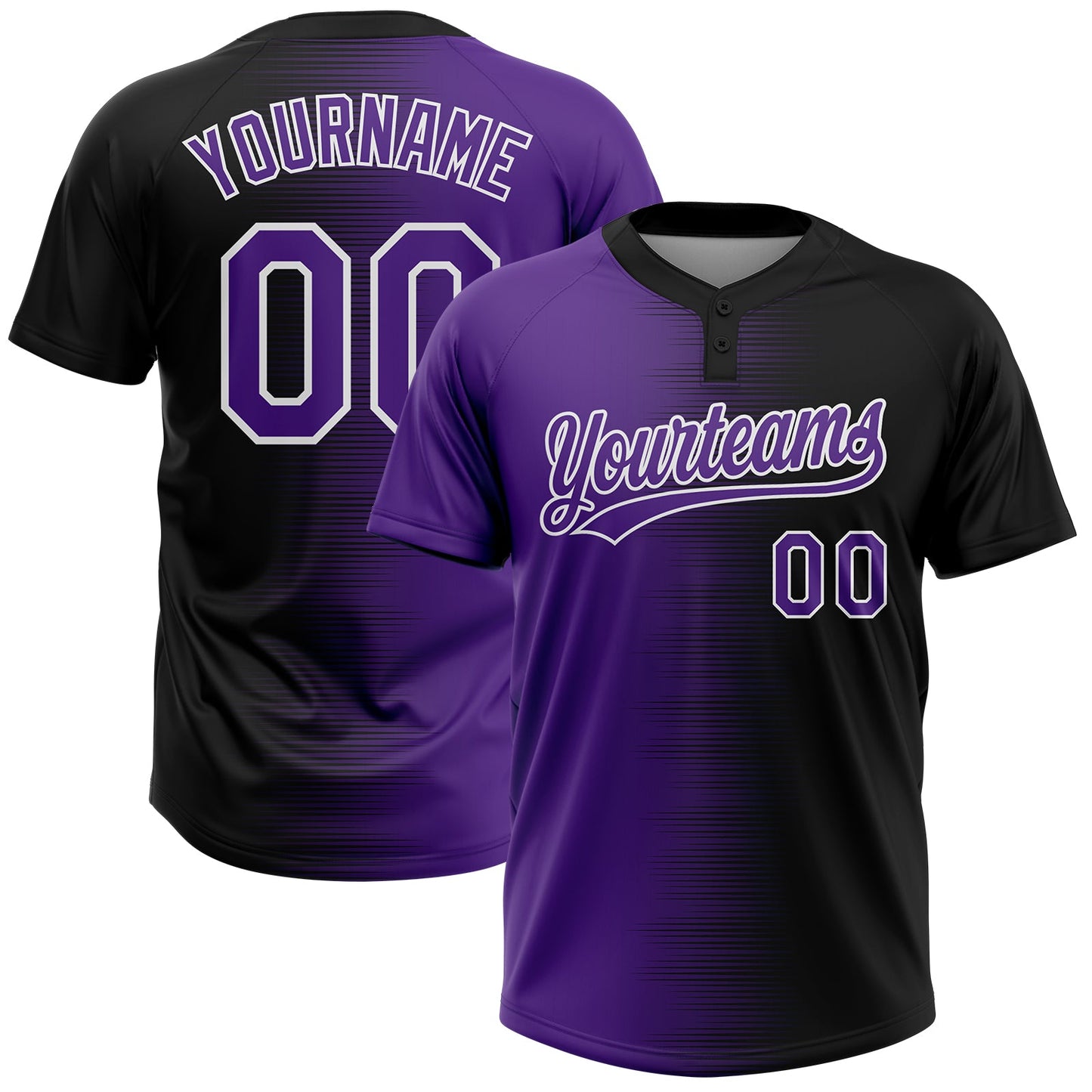 Custom Black Purple-White Gradient Horizontal Stripe Two-Button Unisex Softball Jersey - Main View