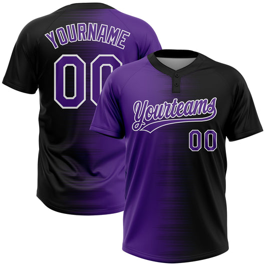 Custom Black Purple-White Gradient Horizontal Stripe Two-Button Unisex Softball Jersey - Main View