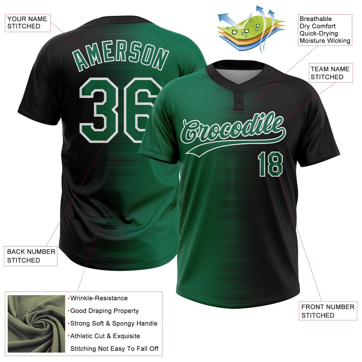 Custom Black Kelly Green-White Gradient Horizontal Stripe Two-Button Unisex Softball Jersey view 3