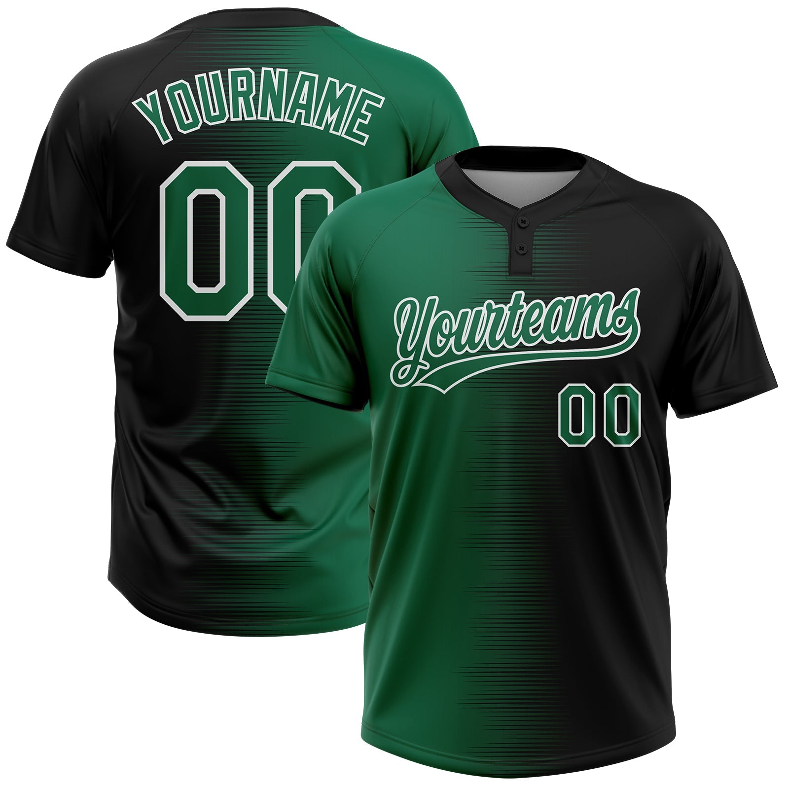 Custom Black Kelly Green-White Gradient Horizontal Stripe Two-Button Unisex Softball Jersey - Main View