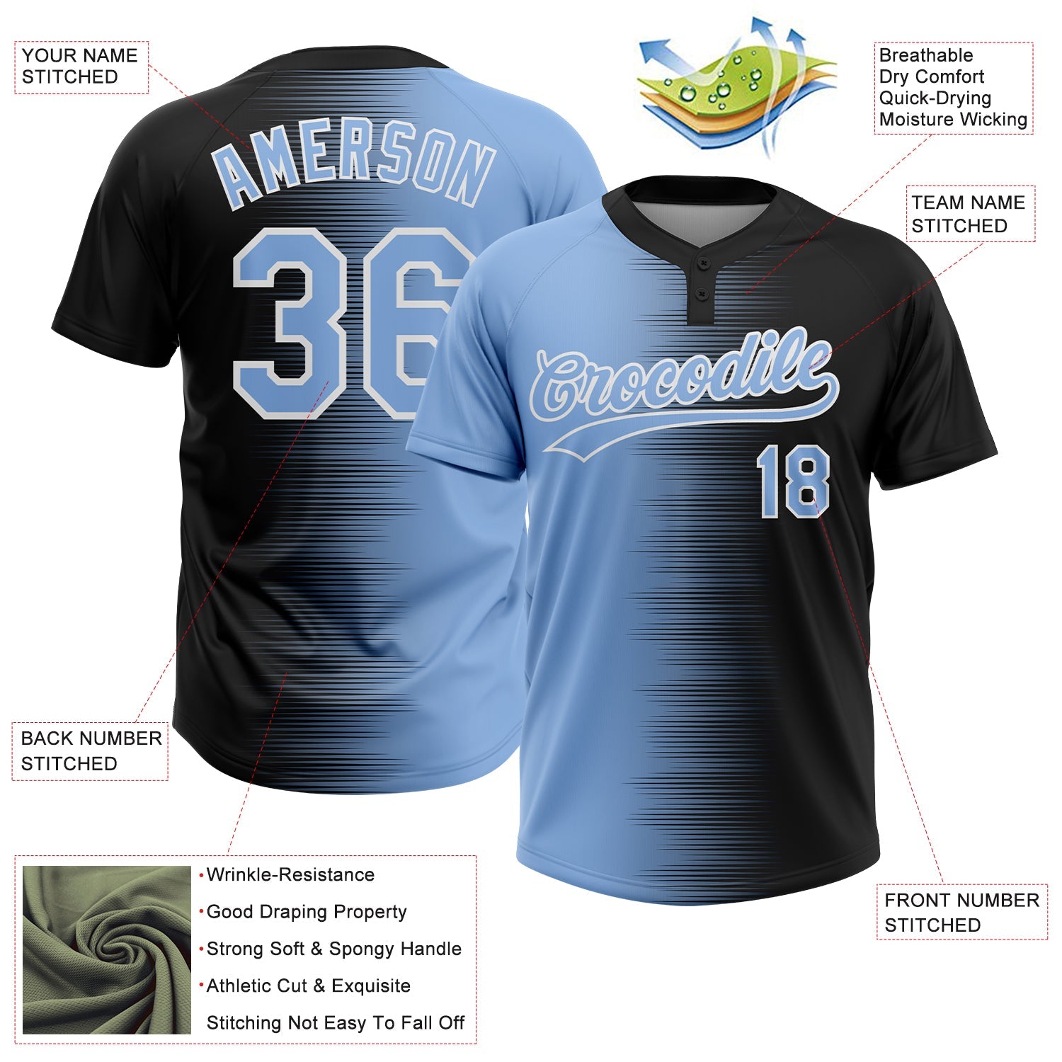 Custom Black Light Blue-White Gradient Horizontal Stripe Two-Button Unisex Softball Jersey view 3