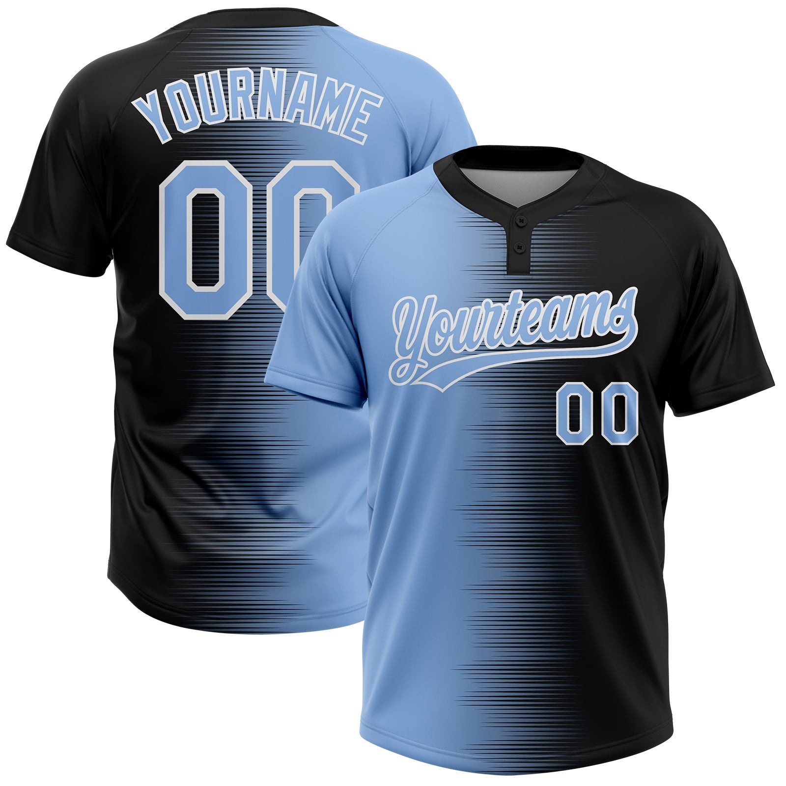 Custom Black Light Blue-White Gradient Horizontal Stripe Two-Button Unisex Softball Jersey - Main View
