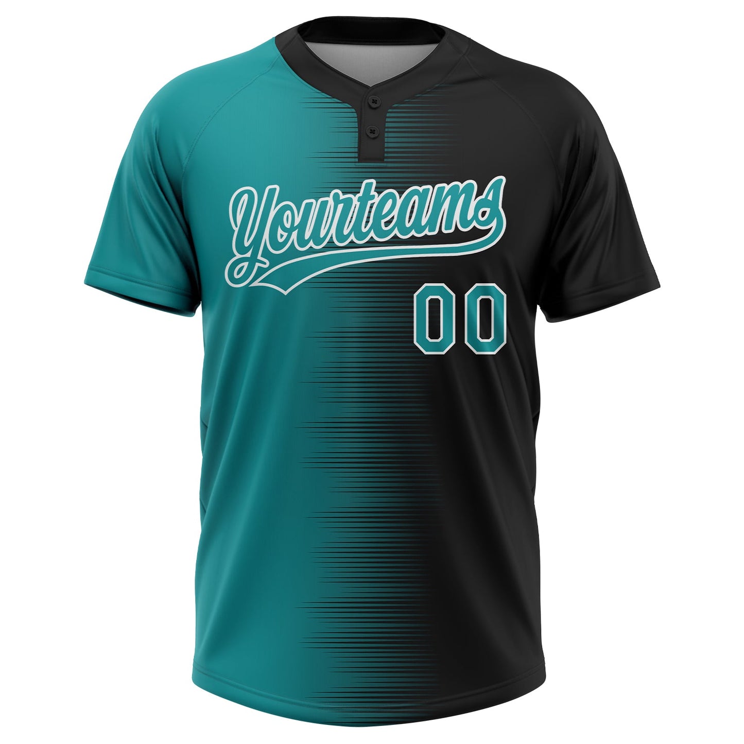 Custom Black Teal-White Gradient Horizontal Stripe Two-Button Unisex Softball Jersey view 2
