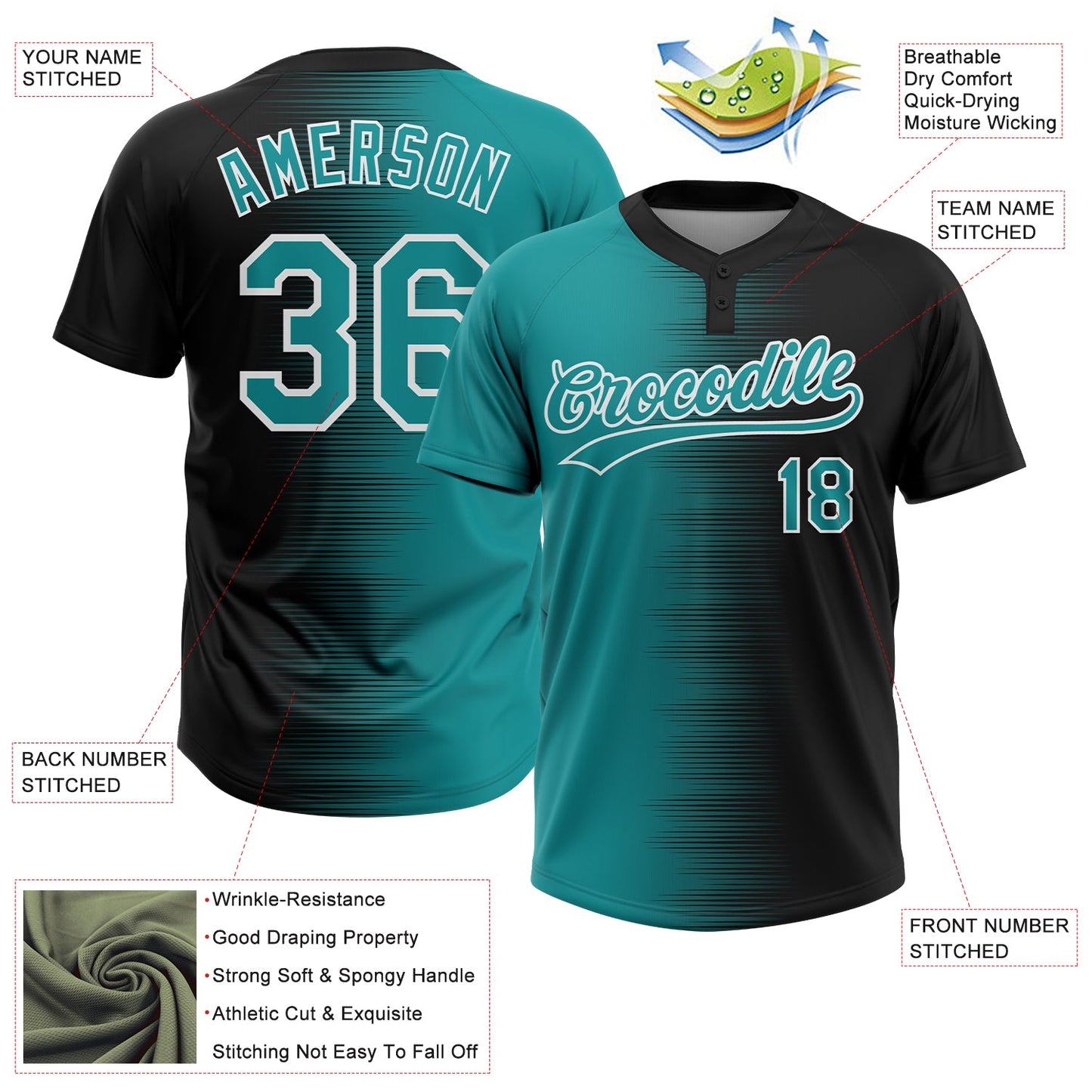 Custom Black Teal-White Gradient Horizontal Stripe Two-Button Unisex Softball Jersey view 3