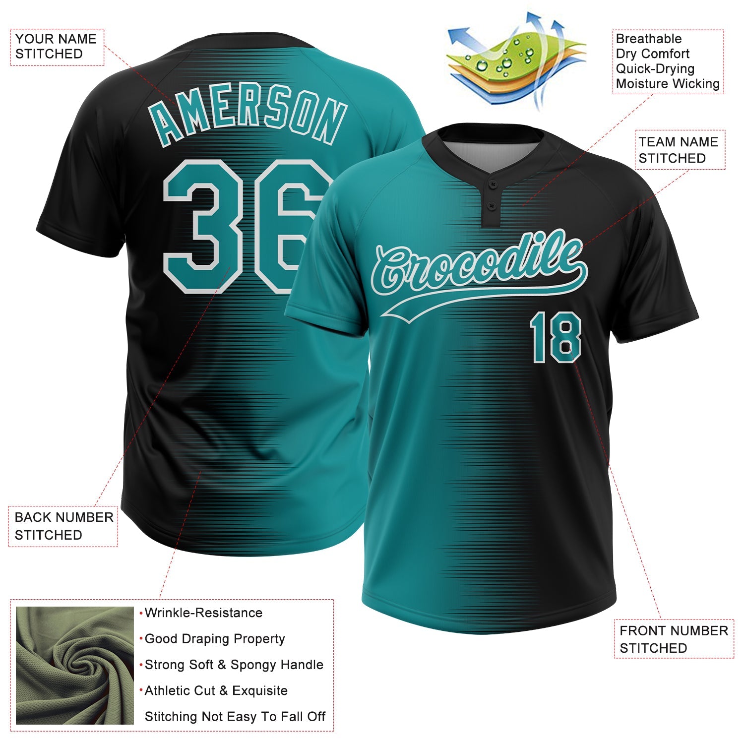 Custom Black Teal-White Gradient Horizontal Stripe Two-Button Unisex Softball Jersey view 3