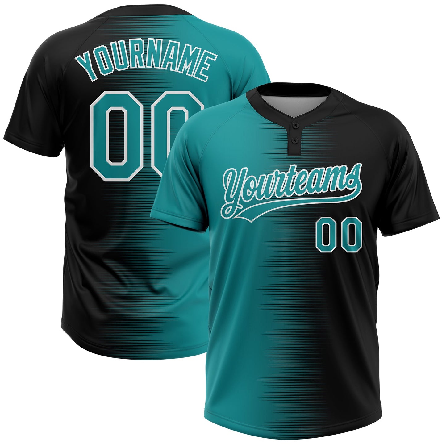 Custom Black Teal-White Gradient Horizontal Stripe Two-Button Unisex Softball Jersey - Main View