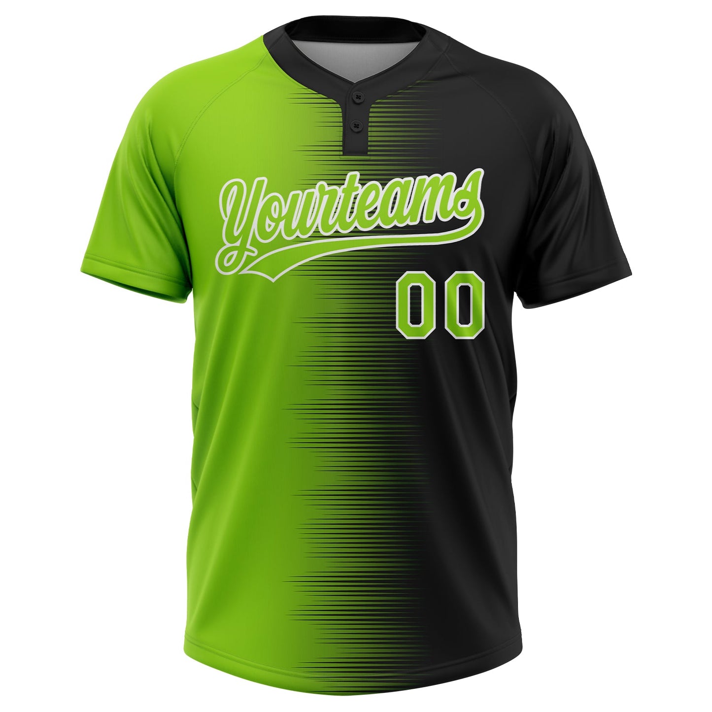 Custom Black Neon Green-White Gradient Horizontal Stripe Two-Button Unisex Softball Jersey view 2