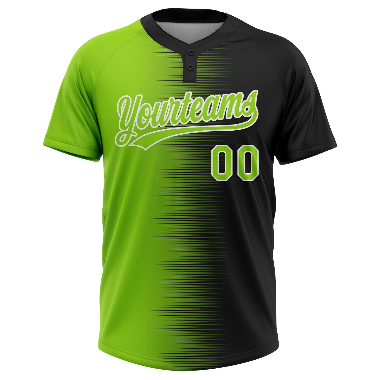 Custom Black Neon Green-White Gradient Horizontal Stripe Two-Button Unisex Softball Jersey view 2
