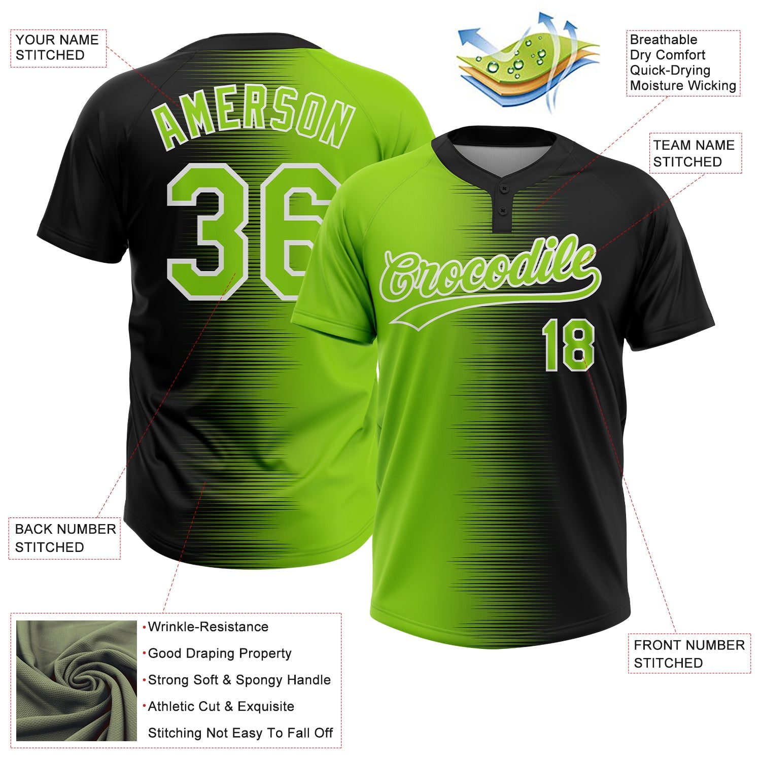 Custom Black Neon Green-White Gradient Horizontal Stripe Two-Button Unisex Softball Jersey view 3