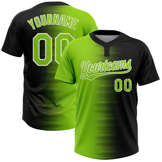 Custom Black Neon Green-White Gradient Horizontal Stripe Two-Button Unisex Softball Jersey - Main View