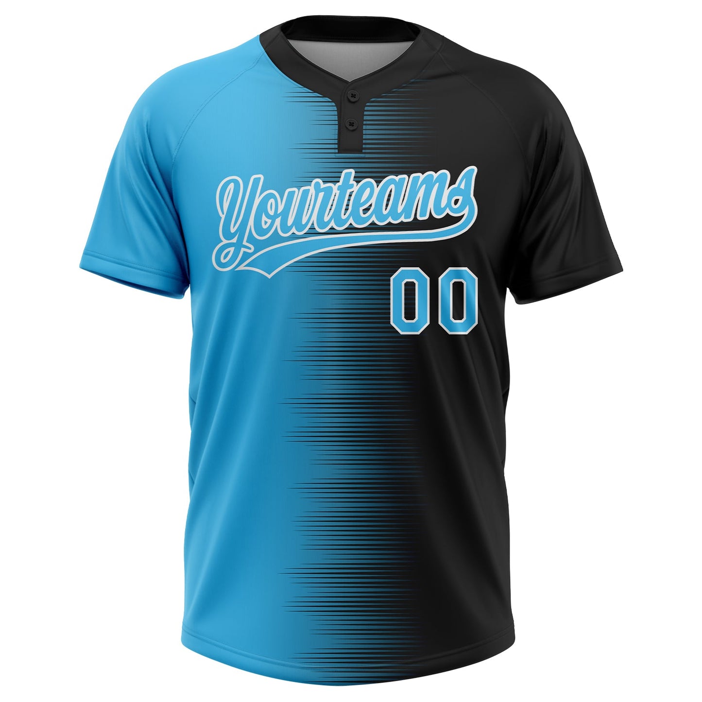 Custom Black Sky Blue-White Gradient Horizontal Stripe Two-Button Unisex Softball Jersey view 2