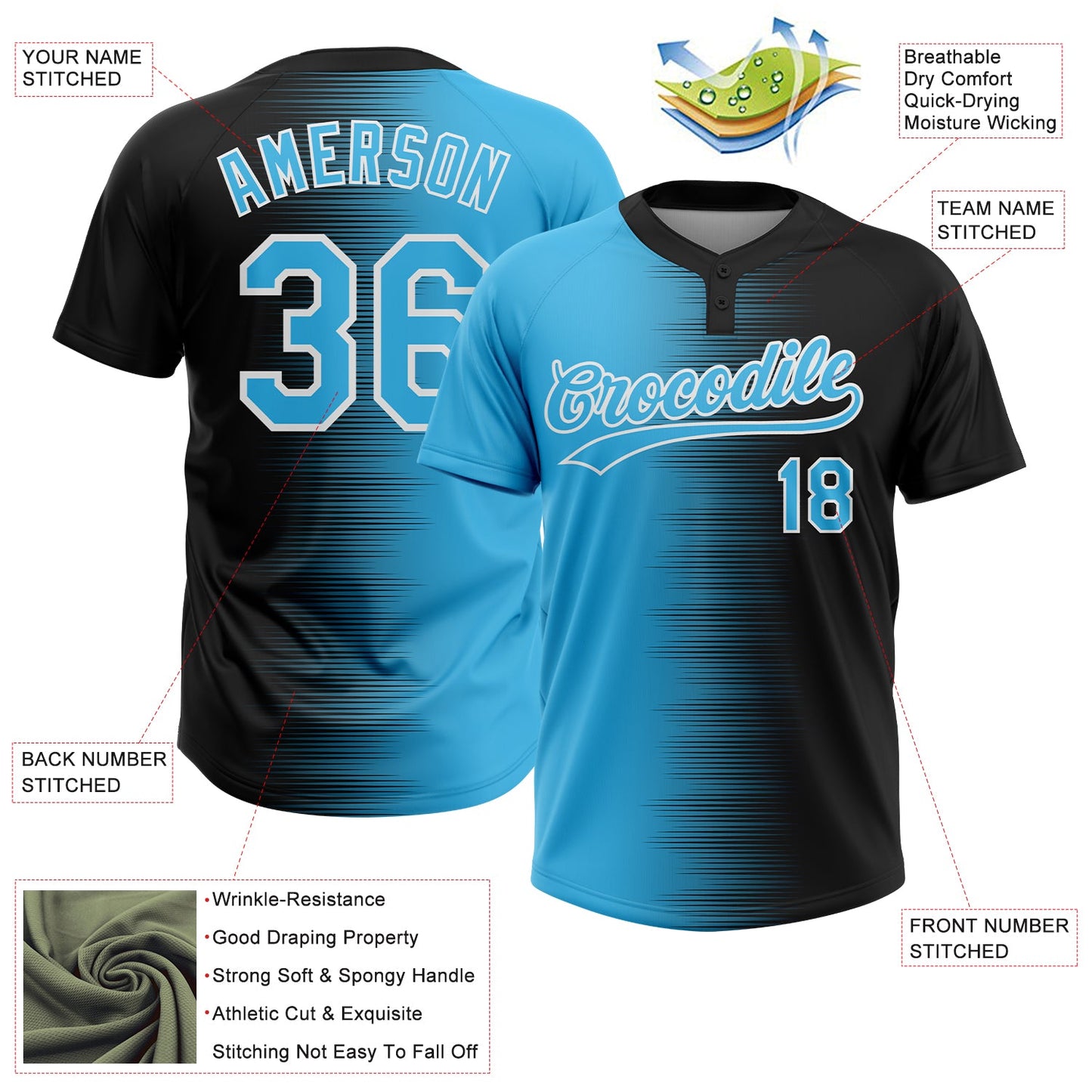 Custom Black Sky Blue-White Gradient Horizontal Stripe Two-Button Unisex Softball Jersey view 3