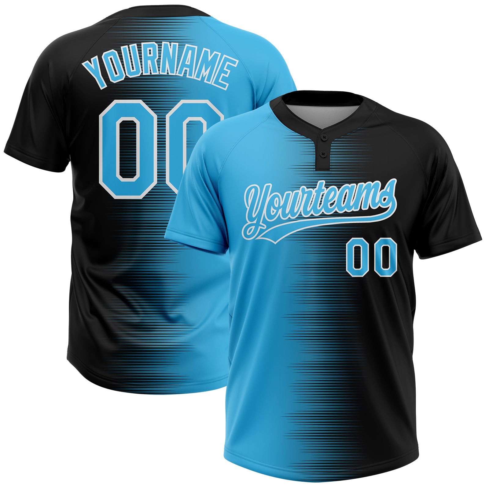 Custom Black Sky Blue-White Gradient Horizontal Stripe Two-Button Unisex Softball Jersey - Main View