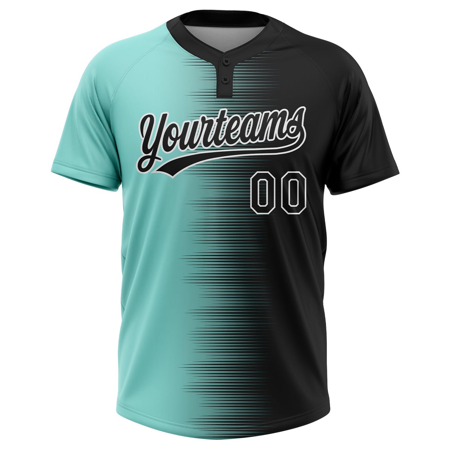 Custom Black Ice Blue-White Gradient Horizontal Stripe Two-Button Unisex Softball Jersey view 2