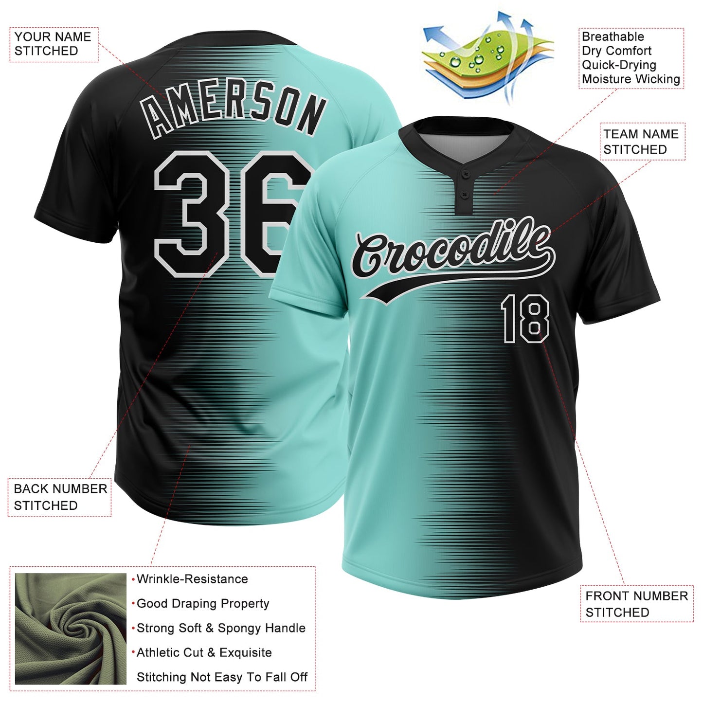 Custom Black Ice Blue-White Gradient Horizontal Stripe Two-Button Unisex Softball Jersey view 3