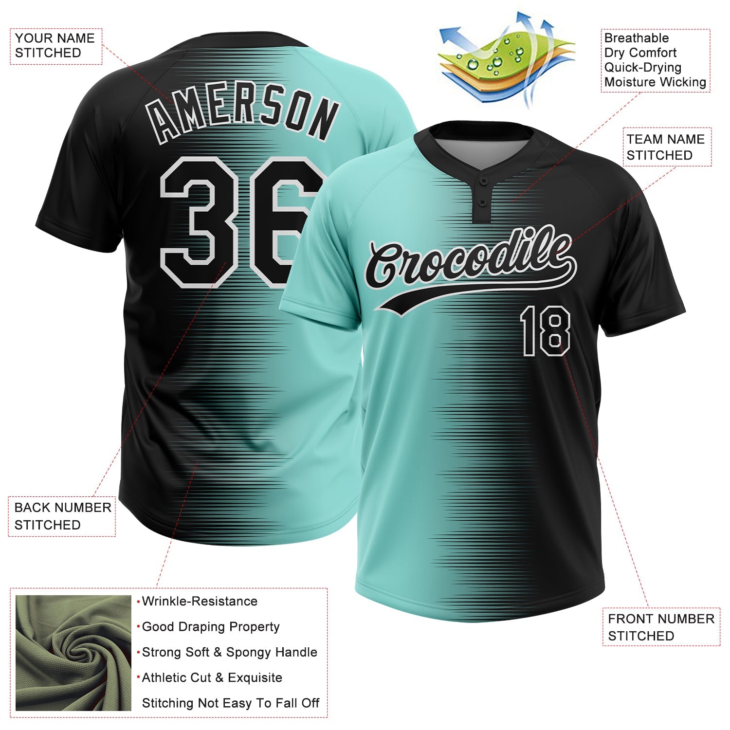 Custom Black Ice Blue-White Gradient Horizontal Stripe Two-Button Unisex Softball Jersey view 3