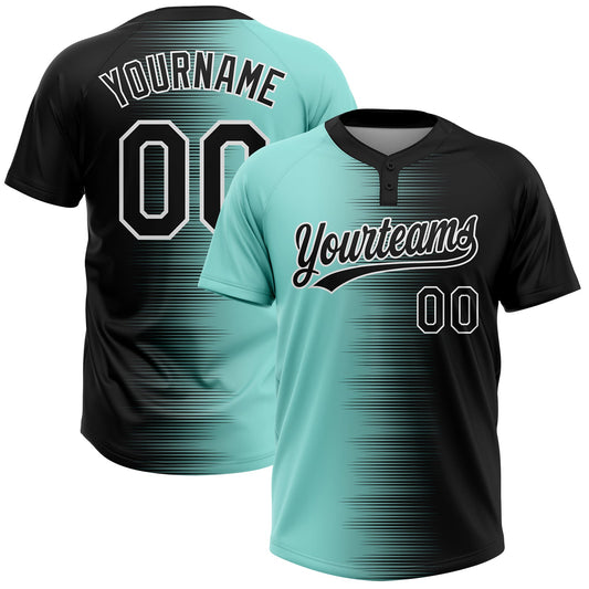 Custom Black Ice Blue-White Gradient Horizontal Stripe Two-Button Unisex Softball Jersey - Main View