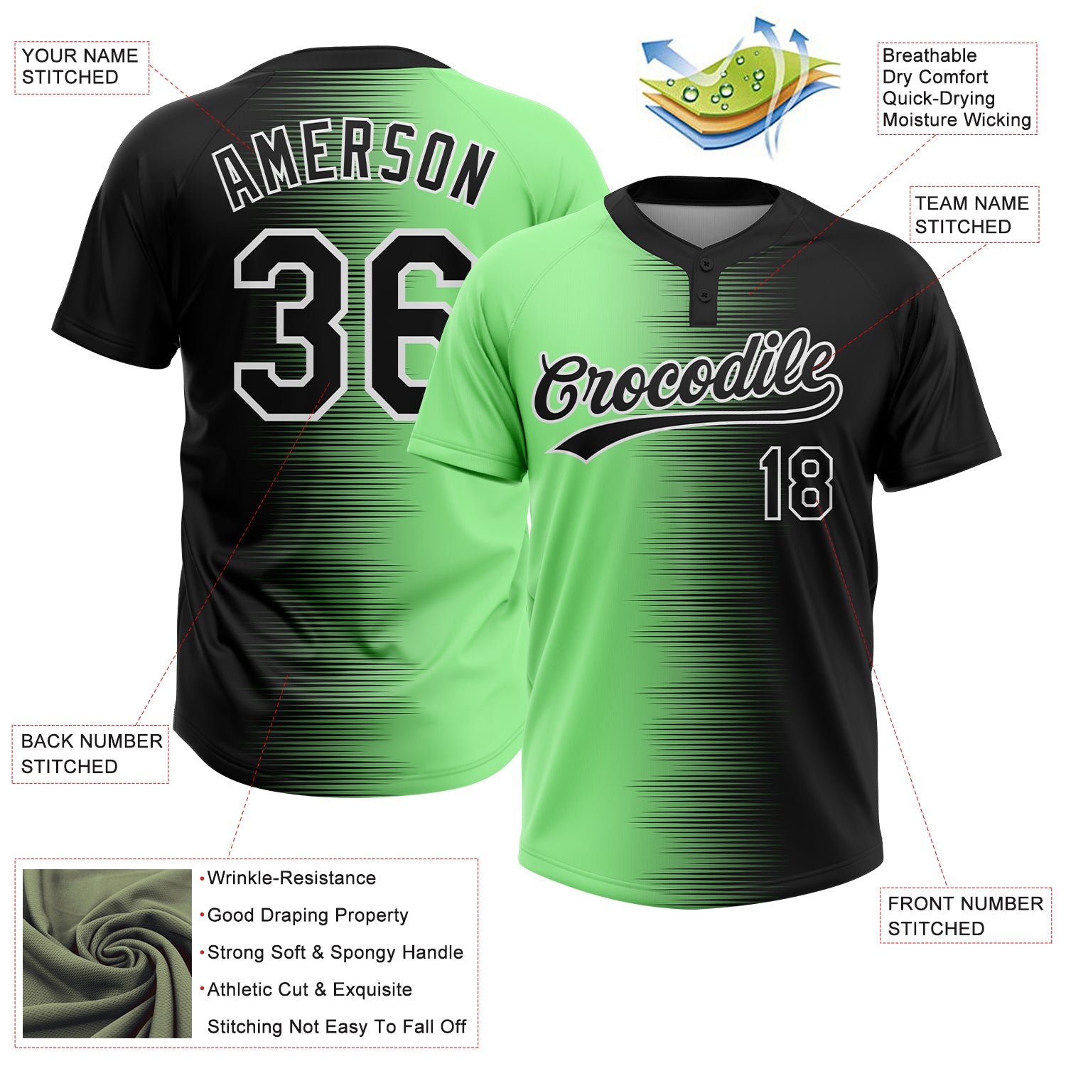 Custom Black Pea Green-White Gradient Horizontal Stripe Two-Button Unisex Softball Jersey view 3
