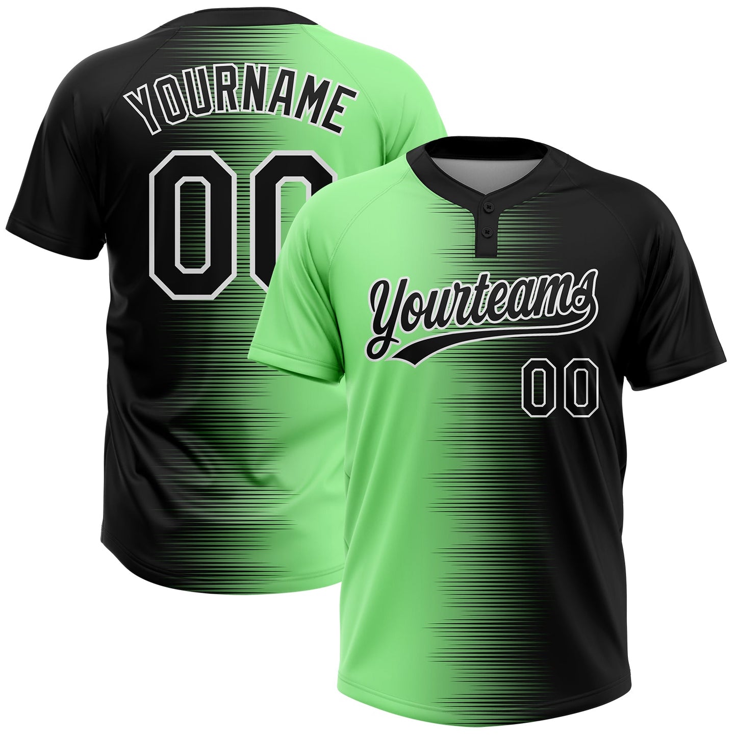 Custom Black Pea Green-White Gradient Horizontal Stripe Two-Button Unisex Softball Jersey - Main View