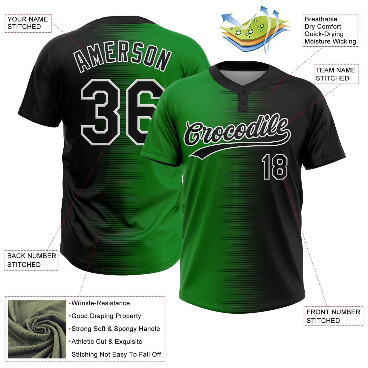 Custom Black Grass Green-White Gradient Horizontal Stripe Two-Button Unisex Softball Jersey view 3