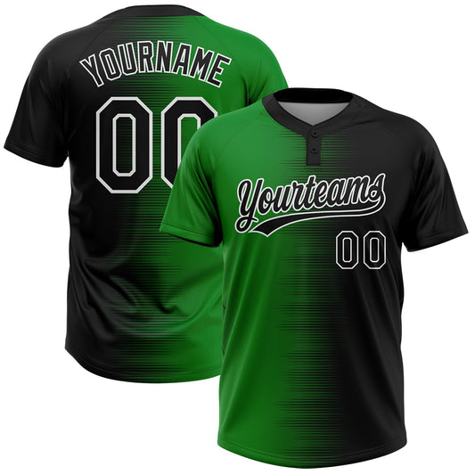 Custom Black Grass Green-White Gradient Horizontal Stripe Two-Button Unisex Softball Jersey - Main View