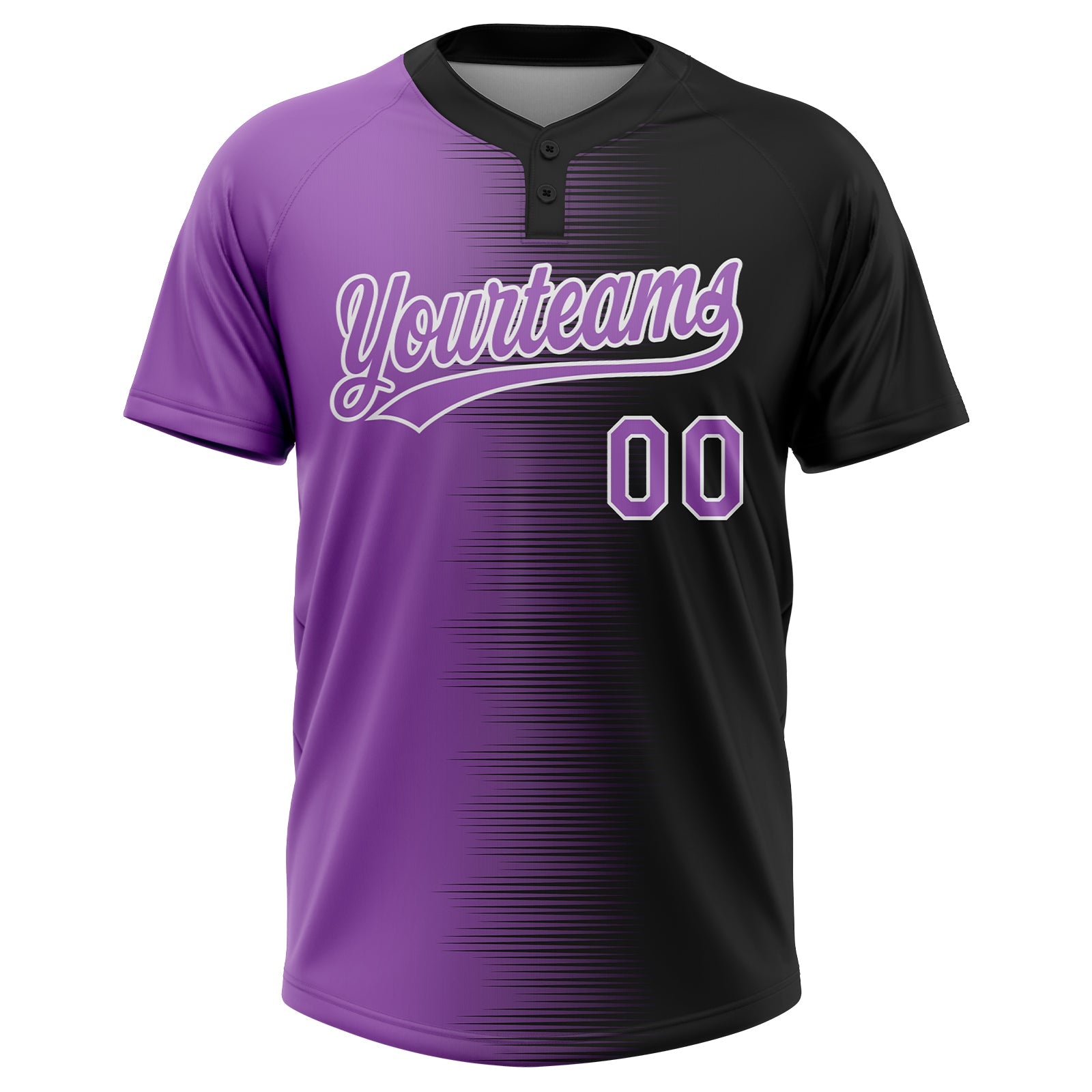 Custom Black Purple Medium Purple-White Gradient Horizontal Stripe Two-Button Unisex Softball Jersey view 2