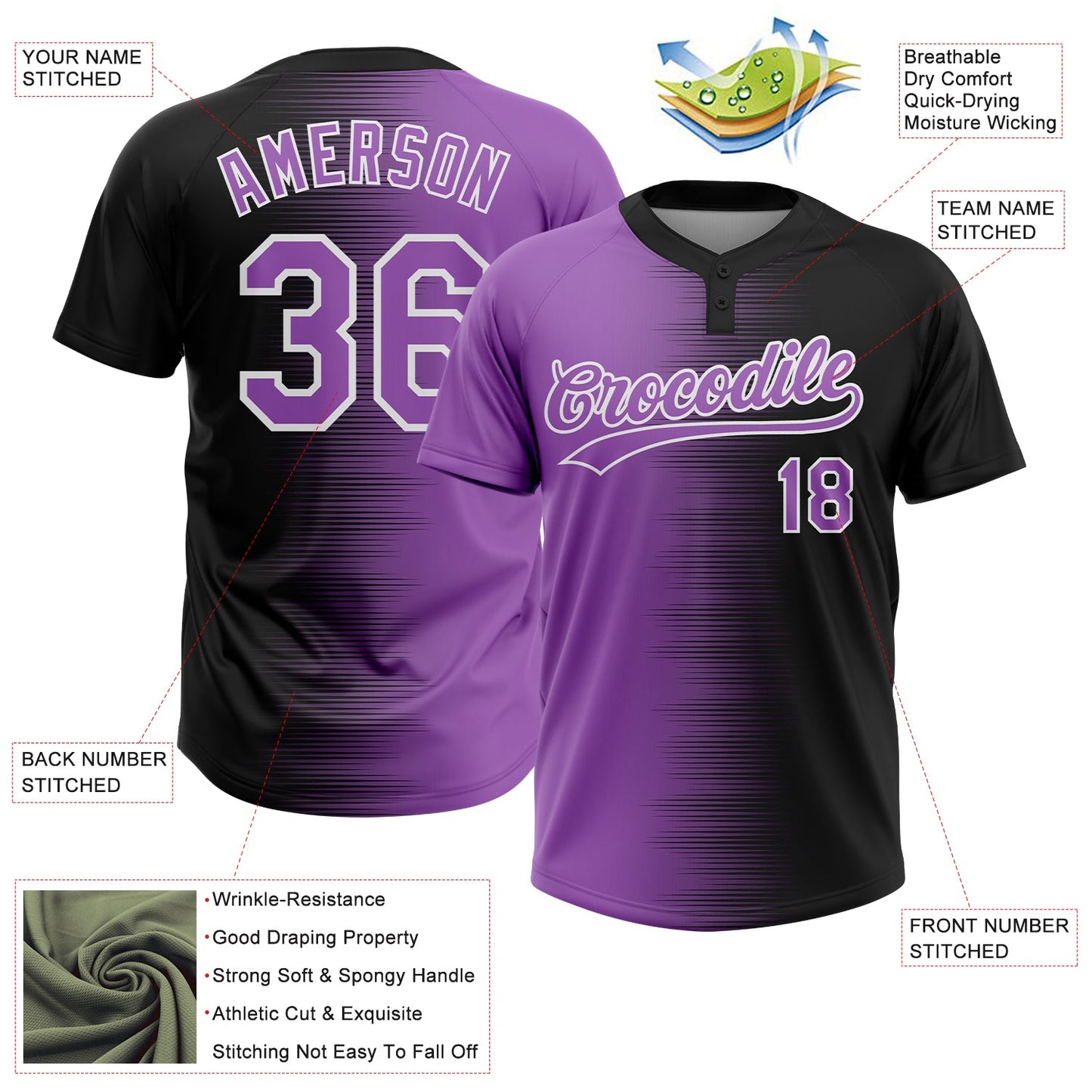 Custom Black Purple Medium Purple-White Gradient Horizontal Stripe Two-Button Unisex Softball Jersey view 3