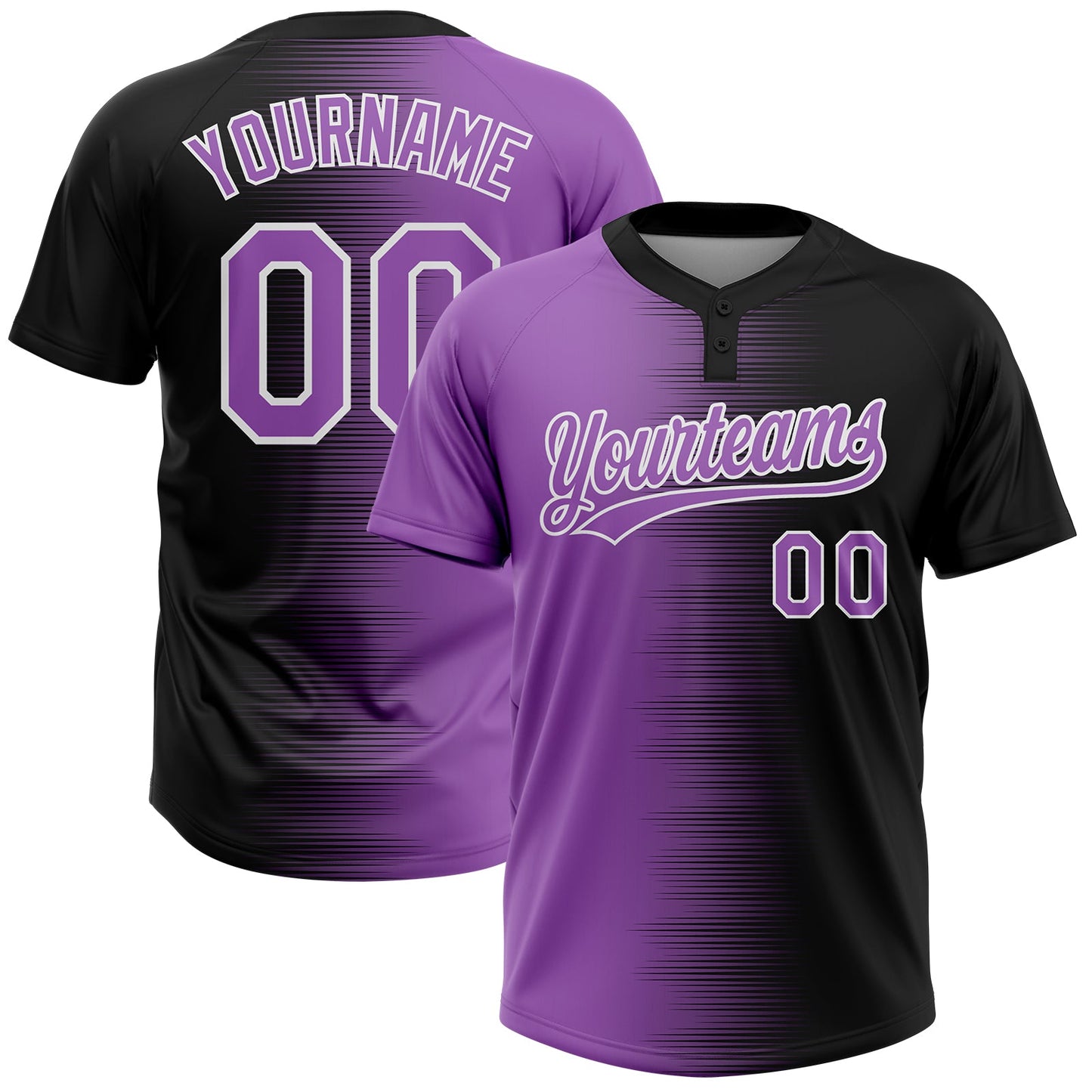 Custom Black Purple Medium Purple-White Gradient Horizontal Stripe Two-Button Unisex Softball Jersey - Main View