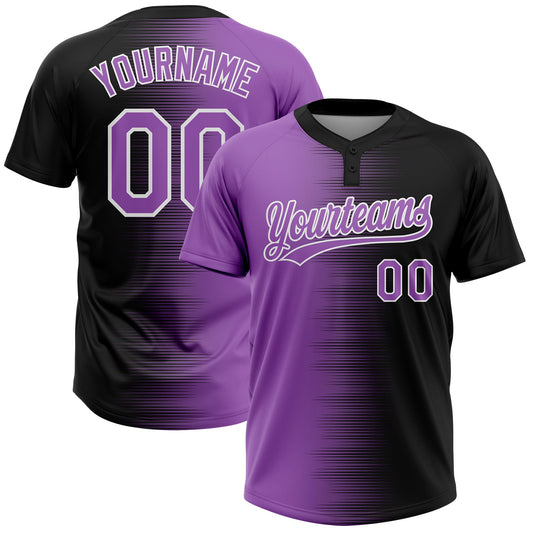 Custom Black Purple Medium Purple-White Gradient Horizontal Stripe Two-Button Unisex Softball Jersey - Main View